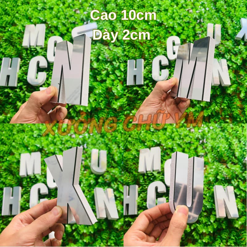 Chữ Nổi Alu Gương Bạc Chân Fomex Trắng Cao 10cm Trang Trí Dán Tường, Biển Quảng Cáo.