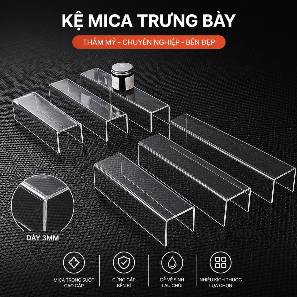 Kệ Mica Chữ U Trong Suốt Cao Cấp Trưng Bày Sản Phẩm / Mô Hình / Mỹ Phẩm.